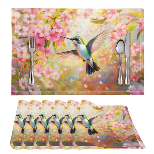 Absorbent Soft Placemats Non-Slip 6-Pack Hummingbird Peach