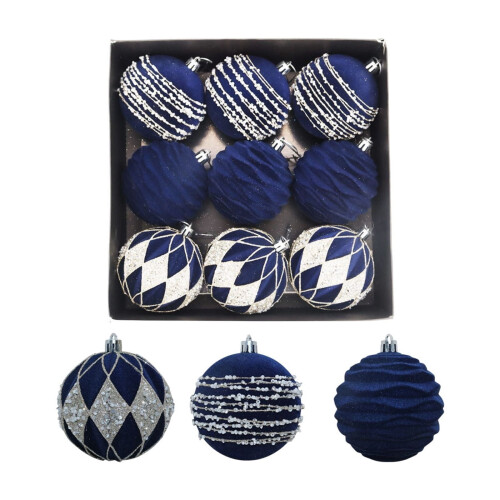 Glitter Plastic Christmas Ball Ornaments Blue 9 pcs
