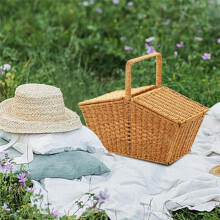 Pastoral Style Hand Basket with Lid Imitation Rattan Woven Picnic Basket Fruit Snacks Sundries Storage Basket A
