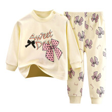 Toddler Pajama Set Cotton Long Sleeve Crew Neck Beige 4-5