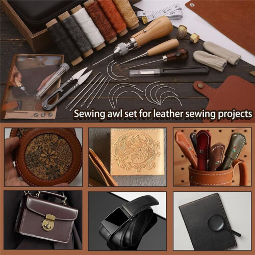 Sewing Awl Kit, Portable Awl Tool Stitching Leather Sewing Awl Thread Kit, Leather Sewing Waxed Thread Kit 1