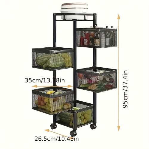 5-Tier Rolling Storage Cart Black Metal 5 Baskets