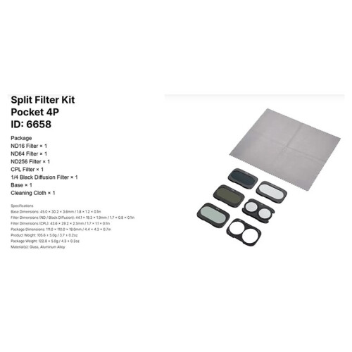 Split Filter Kit 6658 ND16 ND64 ND256 CPL 1/4 Black Diffusion Lens Filters for  Osmo Pocket 4P 6658 Stackable