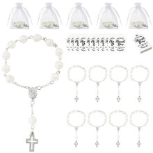 20Sets Baptism Favors Acrylic Rosary Beads with Thank You Tags and Organza Bags for Baptism Weddings Party Favors Silver