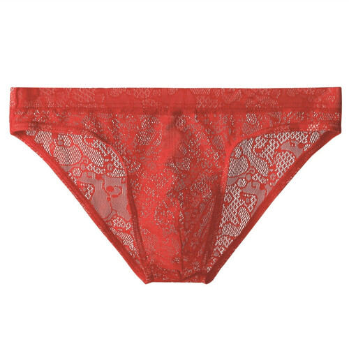 Men's Lace Low-Rise Bikini Briefs Breathable Red 2XL
