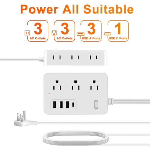 Flat Surge Protector Power Strip 6 AC 4 USB 1700J 2