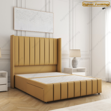 (Mustard Plush, Single-3FT (No Drawers)) Winged Panel Divan Bed Base Plush Velvet 54-in Headboard Storage Drawer No Mattress