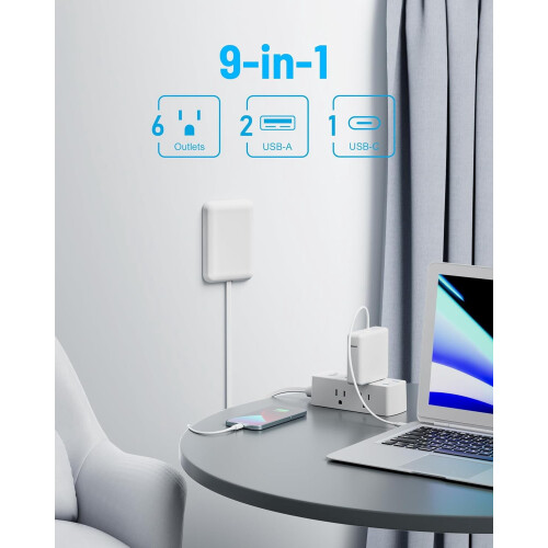 Flat Extension Cord 15FT with 6 Outlets 3 USB 2000J Surge 1
