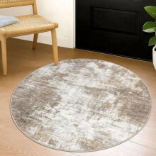 Round Washable Area Rug Non-Slip Faux Wool Beige Brown