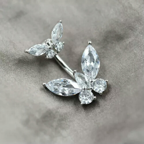Sterling Silver Butterfly CZ Belly Bar 6mm