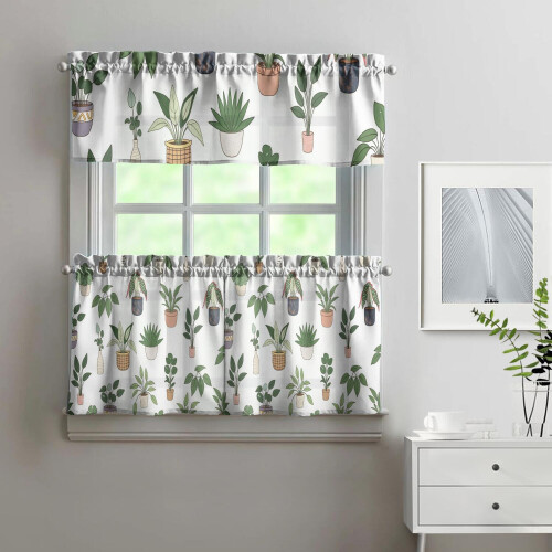 Green Cactus Kitchen Curtains Set with Valance 3 Pieces 1