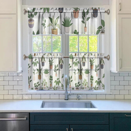 Green Cactus Kitchen Curtains Set with Valance 3-Piece 2