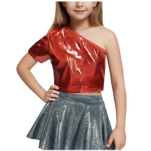 Girls One-Shoulder Short-Sleeve Shiny Dance Crop Top