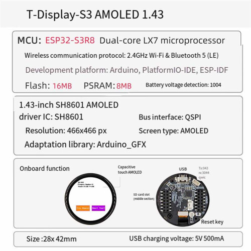 Placa de Desenvolvimento T-Display-S3 ESP32-S3, AMOLED de 1,43 Polegadas, WiFi, , Flash de 16 MB, PSRAM de 8 MB 1