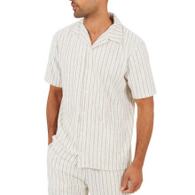 (XXL, Cream/Taupe) Brave Soul Mens Striped Textured Revere Collar Short-Sleeved Shirt