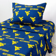 College Covers Everything Comfy West Virginia Mountaineers Full Sized 4 Piece Sheet Set Team Color Background 1 Flat Sheet 1 Fitted Sheet 2 Pillo