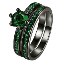 Black Gold Plated Green CZ Wedding Ring Set 1 Carat
