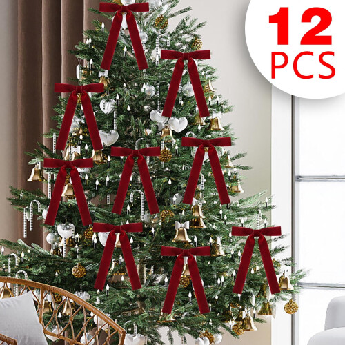 Red Velvet Christmas Tree Ornaments with Bow, 12 Pcs