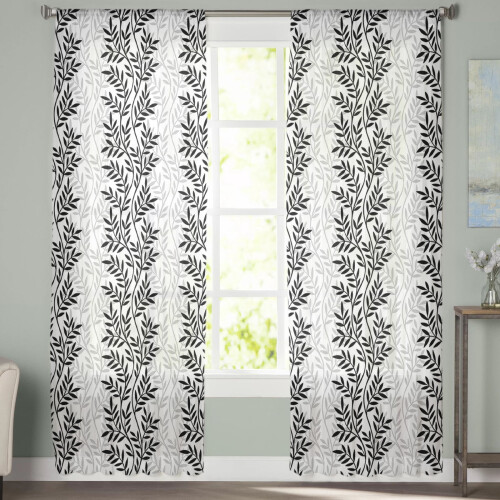 Sheer Curtains Black & White Leaf Design 52x96 Inch Light