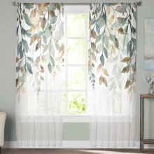 Sheer Curtains Retro Farmhouse Green Leaves 52x108 in Voile