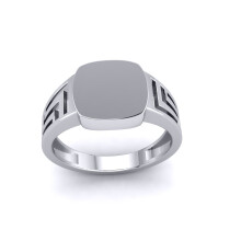 (U) Jewelco London Mens Platinum Plated Sterling Silver Greek Key Square Cushion Signet Ring - GVR951