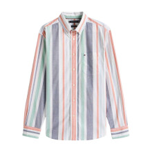 (M, Orange) Tommy Hilfiger Mens Stripe Woven Shirt