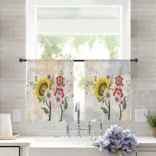 Sheer Curtains Vintage Sunflower Voile 52x45 in 2 Panels