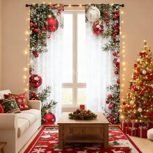 Christmas Ball Holiday Curtains Red Luxury Print Snowflakes