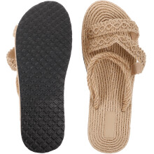Flat Beach Sandals Beige Woven Imitation Straw 1 Pair