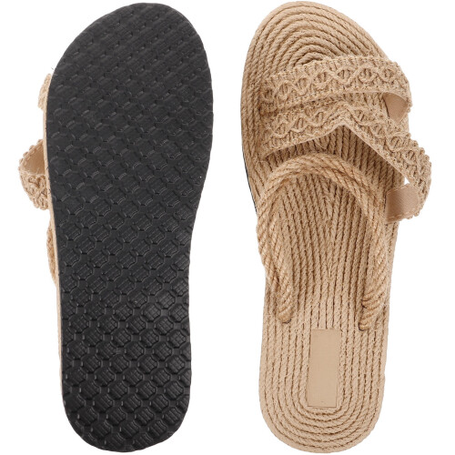 Flat Beach Sandals Beige Woven Imitation Straw 1 Pair
