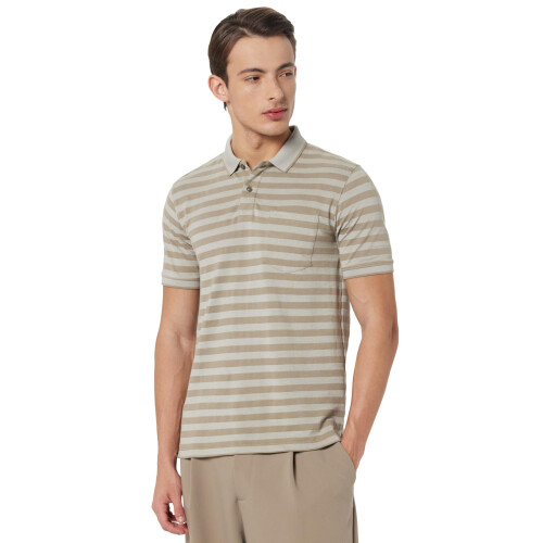 Peter England Men Beige Stripe Polo Neck T-Shirt