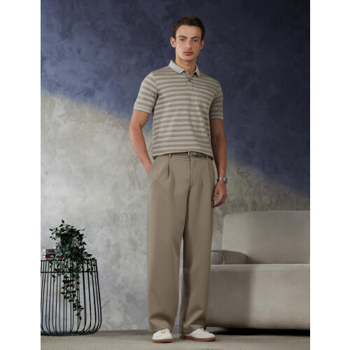 Peter England Men Beige Stripe Polo Neck T-Shirt 1
