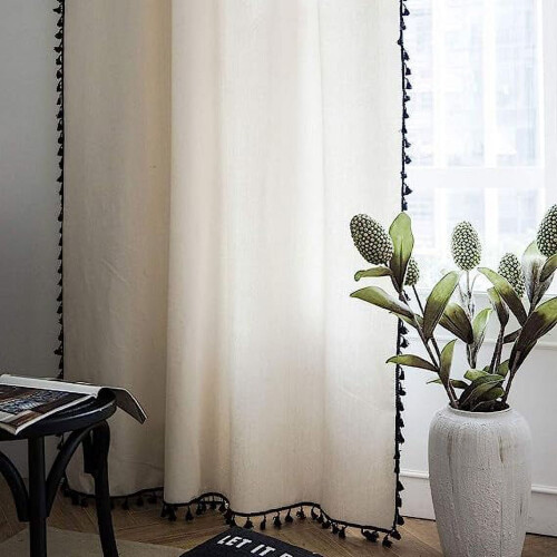 Boho Cotton Linen Curtain with Black Tassels 1 Panel 94 in 1