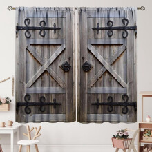 Farmhouse Barn Door Curtains Blue Grey Wooden Plank Rod