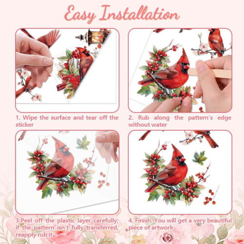 Rub-on Transfer Decals Christmas Cardinal Birds 6x12 in 3 2