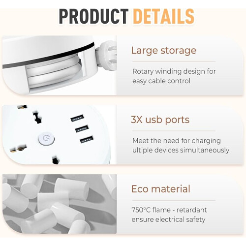 Retractable Travel Power Strip 3 Outlets 3 USB 2.8M 2