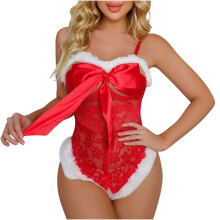 Women's Christmas Lace Teddy Bodysuit Red XL
