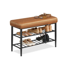Shoe Bench - Synthetic Leather - Caramel Brown - Mid-Century Modern Design with Storage Capacity