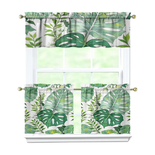 Green Tropical Kitchen Curtains Set with Valance 3 Pieces