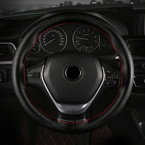 Hand-sewn leather steering wheel wrap 38cm coffee embossed 2