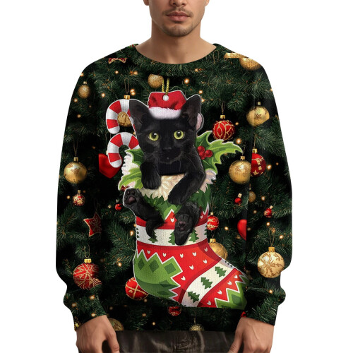 Men's Christmas Cat Raglan Top Lightweight Polyester L Green