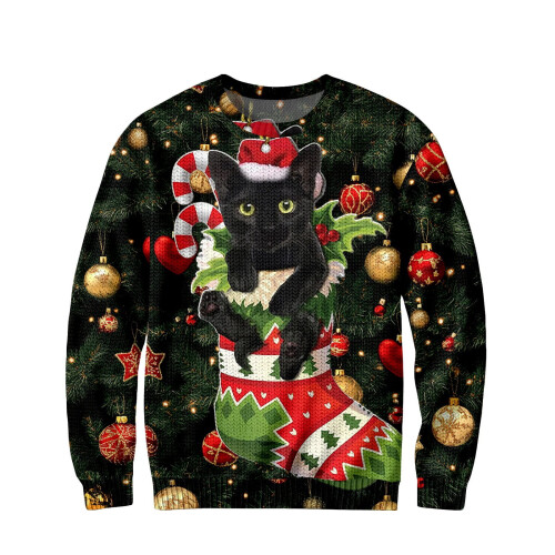 Men's Christmas Cat Raglan Top Lightweight Polyester L Green 2