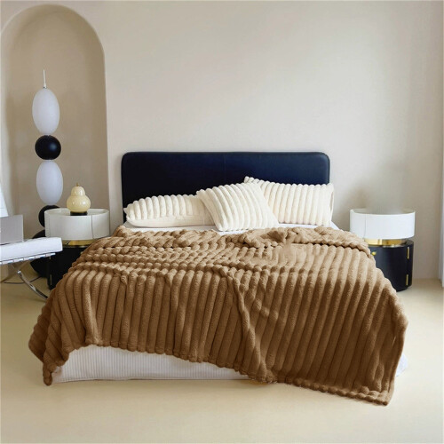 Flannel Blanket Coral Fluff Border Khaki 1