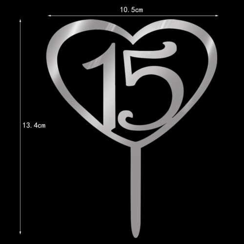 Silver Acrylic Birthday Cake Topper 15th Design 6.5 x 5 1