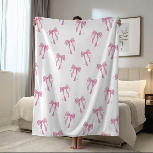 Fleece Throw Blanket Pink Bow Design 50x60 inches