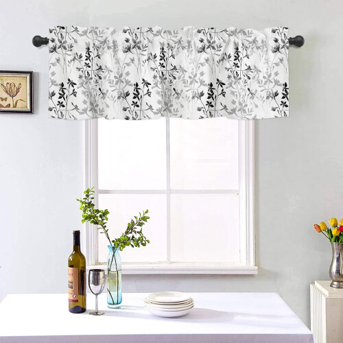 Watercolor Leaf Kitchen Curtain Valance Black White Grey 1