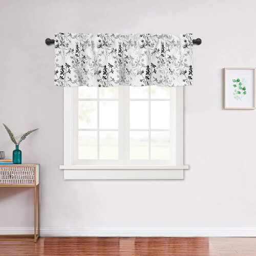 Watercolor Leaf Kitchen Curtain Valance Black White Grey 2