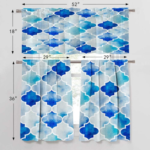 Blue Morocco Kitchen Curtains Set Semi-Sheer 3-Pc 2