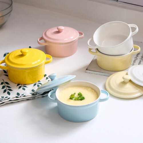 White Ceramic Soup Bowl with Lid and Double Handles 2