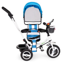 Triciclo, carro con ruedas, techo azul giratorio.